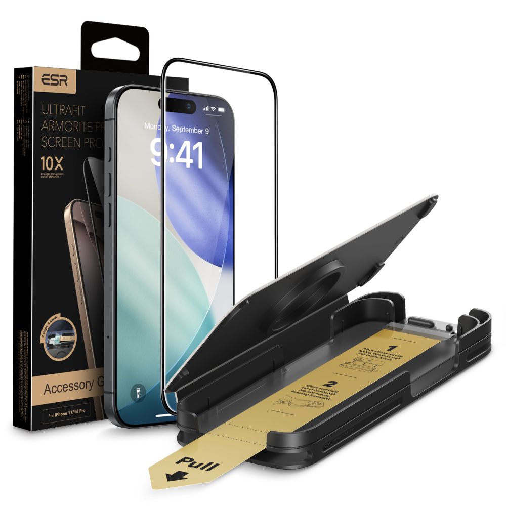 ESR UltraFit Armorite Pro iPhone 17 Pro teljes kijelzővédő üvegfólia felhelyező applikátorral